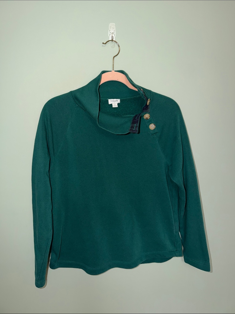 J.Crew Teal Green Cowl Neck Pullover Sweater Button Detail Size S